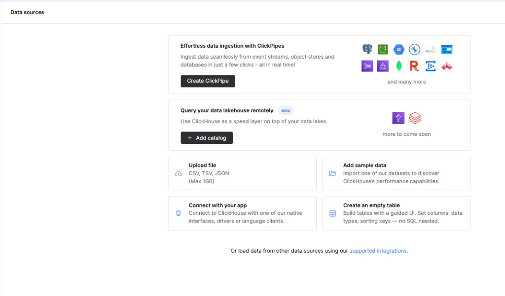 Интерфейс ClickHouse Cloud с интеграциями каталогов данных