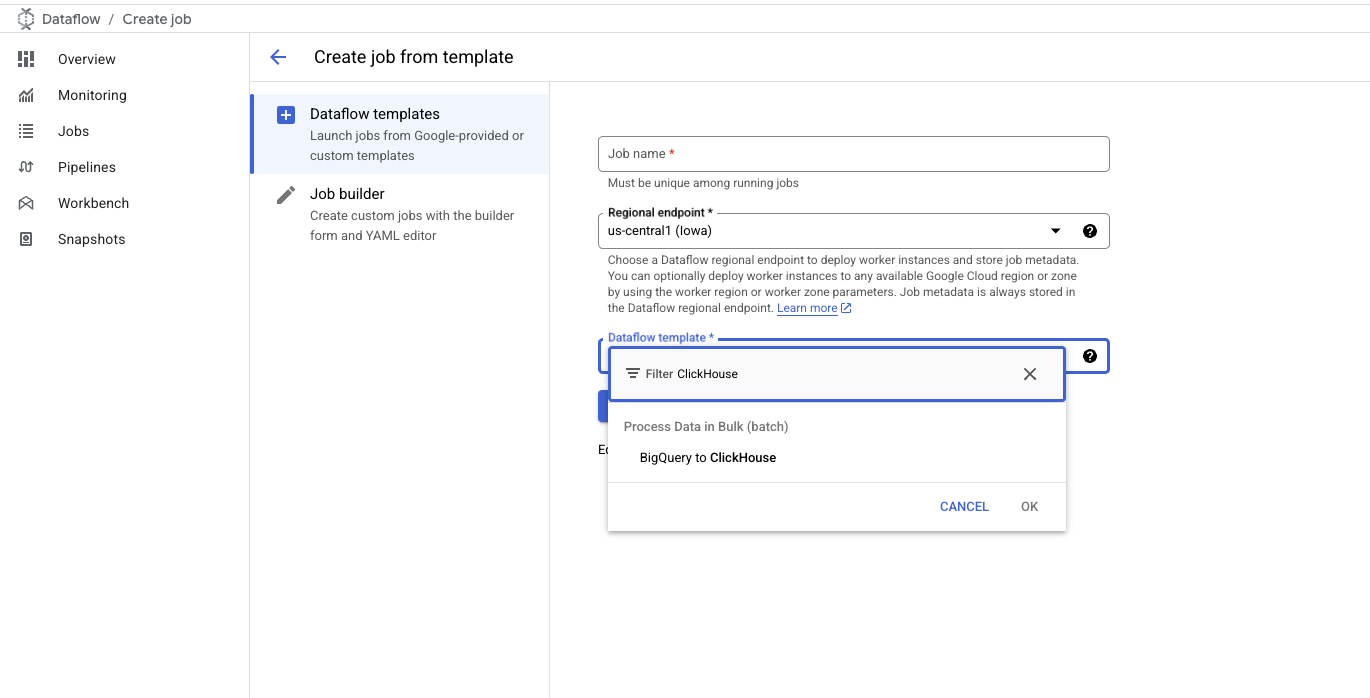 Выбор шаблона BigQuery to ClickHouse